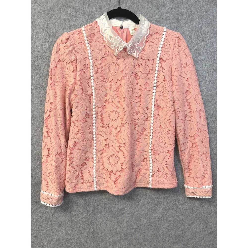Kesuolian Pink Floral Lace Long Sleeve Top White Peter Pan Collar Pom Pom Trim L